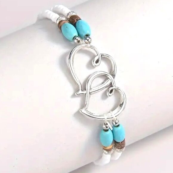 Double Heart Bracelet Layered Boho Hippie Beads Turquoise Stylish Love Vacation - Picture 2 of 4